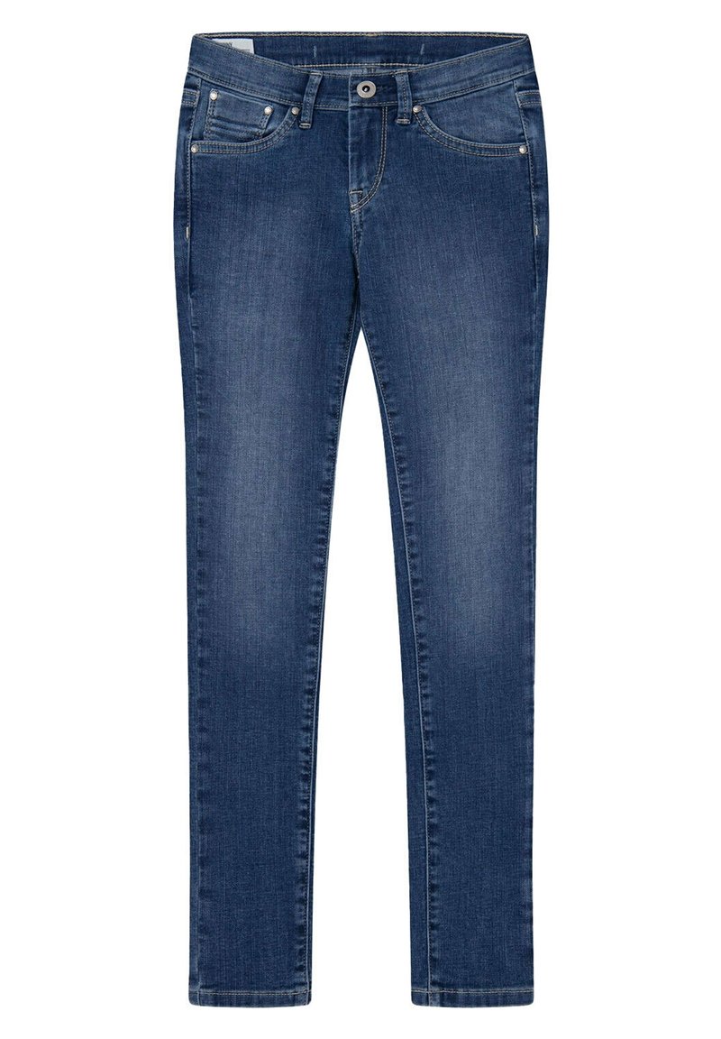 Jeans skinny de mezclilla azul oscuro con bolsillos frontales falsos, una cintura con botón y una textura suave. Las piernas son ajustadas y en tapered.
