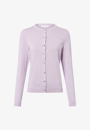 Fliederfarbener Cardigan mit rundem Ausschnitt, langen Ärmeln und Knopfverschluss vorne. Mit gerippten Bündchen und Saum sowie transparenten Knöpfen.
