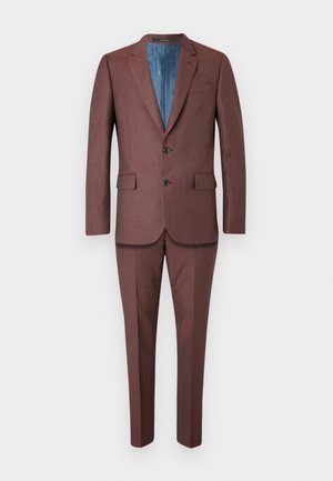 Costume texturé marron avec un blazer à simple boutonnage doté de deux boutons, de poches à rabat et d'une doublure intérieure bleue ; pantalon droit assorti.
