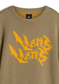 Khakifarbenes Sweatshirt mit rundem Halsausschnitt und auffälligen gelben Graffiti-Schriftzügen. Hergestellt aus strukturiertem Strickmaterial mit gerippten Bündchen.