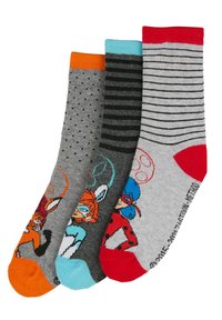 Drei Paar Socken: grau mit Punkten, gestreift in Grau und Weiß sowie grau mit bunten Cartoonfiguren. Jede hat farblich abgesetzte Bündchen.