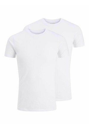 Twee eenvoudige witte t-shirts met korte mouwen van katoen. Heeft een ronde hals en een rechte zoom. Geen patronen of accenten aanwezig.