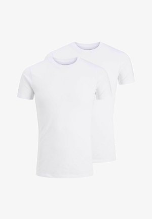 Due magliette bianche a maniche corte in cotone. Presentano un collo rotondo e un orlo dritto. Nessun motivo o dettaglio decorativo.