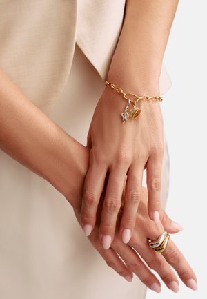 Goldkettchenarmband mit Anhängern: eine silberne Schlange und eine goldene Krone. Die Hände zeigen blassrosa Nägel und tragen einen silbernen und goldenen, gedrehten Ring.
