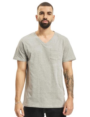 Gray cotton T-shirt with a V-neck, short sleeves, and a left chest pocket. Features a soft texture and a relaxed fit.