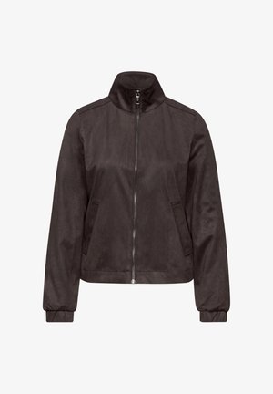 Veste en daim brun foncé avec col montant, fermeture éclair devant, poches latérales et poignets élastiques aux manches longues.