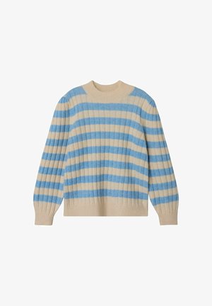 Pull en tricot côtelé beige et bleu clair à rayures, avec de longues manches bouffantes et un col rond, présenté sur fond blanc.