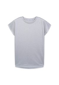 T-shirt argento a maniche corte realizzato in un tessuto leggero e scintillante. Presenta un colletto rotondo e una vestibilità rilassata con un orlo leggermente curvo.
