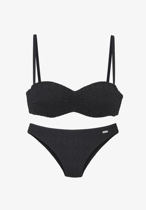Black textured bikini set with padded balconette top and matching low-rise bottoms featuring a small brand tag on the side.