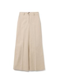 Beige weite Hose mit hoher Taille, vorderen Falten und Knopfverschluss. Aus glattem Stoff gefertigt, mit seitlichen Taschen und taillierter Passform.