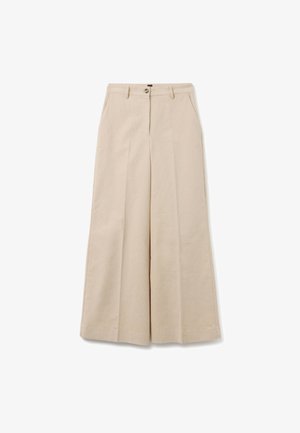 Beige weite Hose mit hoher Taille, vorderen Falten und Knopfverschluss. Aus glattem Stoff gefertigt, mit seitlichen Taschen und taillierter Passform.