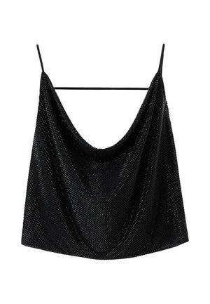 Top in rete metallico nero con design drappeggiato, dotato di spalline sottili e scollatura aperta. La superficie ha un aspetto lucido e texture.