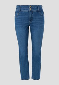 Modré denimové džínsy so slim fit strihom, vybavené vysokým pásom, dvoma prednými vreckami, dvoma zadnými vreckami a dvojitým zapínaním na gombíky.