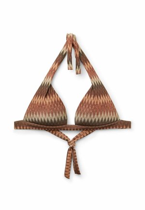 Brun og beige zigzag-mønstret trekant bikini top med halterneck og bundne stropper på en hvid baggrund.
