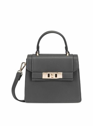 Dark gray leather handbag with top handle, gold-tone rectangular clasp, and detachable shoulder strap on a white background.