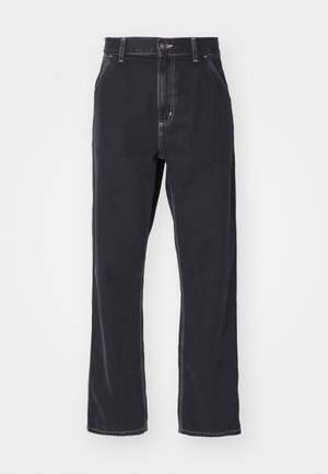 Black denim jeans with a straight-leg cut, featuring a zipper fly, five pockets, and contrast stitching along the seams.