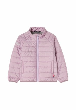 Lyse lilla quiltet jakke med fuld lynlås foran, to sidelommer, elastiske manchetter og lille logo på brystet og venstre ærme.