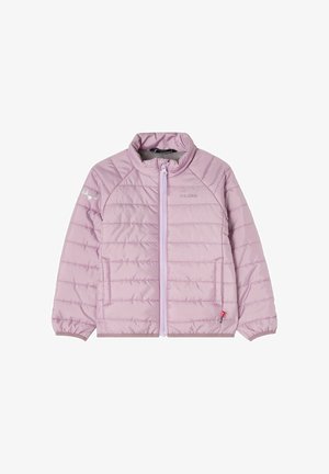 Lyse lilla quiltet jakke med fuld lynlås foran, to sidelommer, elastiske manchetter og lille logo på brystet og venstre ærme.