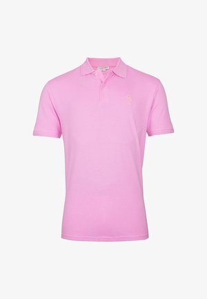 Light pink polo shirt made of soft fabric, with a classic collar, short sleeves, and an embroidered logo on the left chest.
