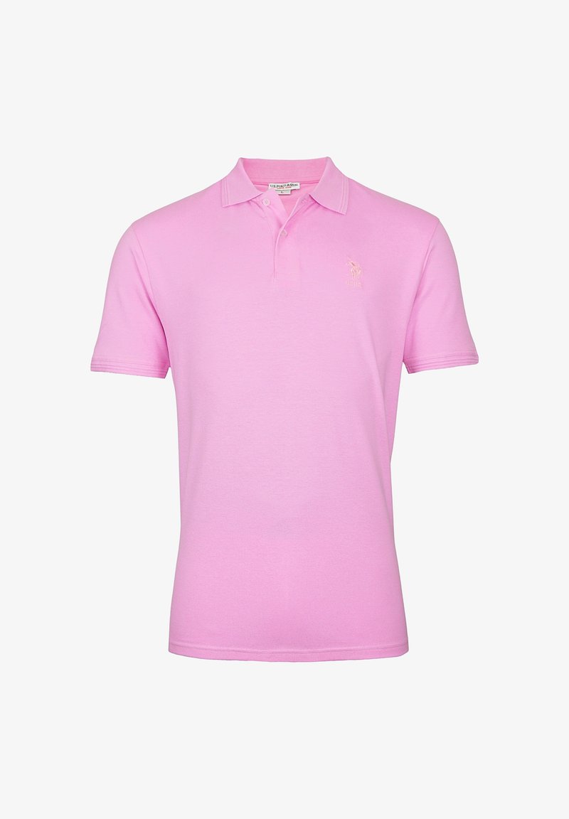 Polo shirt rose clair en tissu doux, avec un col classique, des manches courtes et un logo brodé sur la poitrine gauche.