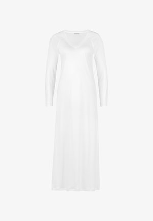 Valkoinen pitkähihainen mekko V-päällä. Valmistettu sileästä kankaasta, jossa on rento istuvuus. Sisältää raglan-hihat ja lattianmittaisen helman.