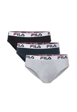 Drei Herren-Slips in Schwarz, Marineblau und Grau mit weißen elastischen Bundbändern mit FILA-Markierung in Schwarz und Rot.