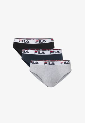 Drei Herren-Slips in Schwarz, Marineblau und Grau mit weißen elastischen Bundbändern mit FILA-Markierung in Schwarz und Rot.