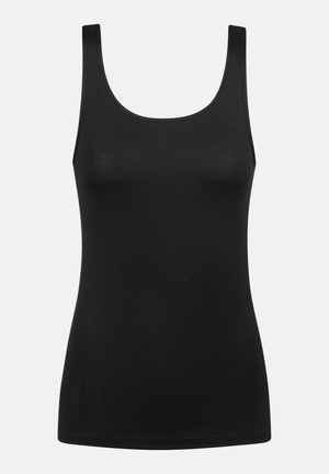 Schwarzes Tanktop aus glattem Stoff, mit rundem Ausschnitt und breiten Schulterträgern. Figurbetonte Silhouette mit geradem Saum.