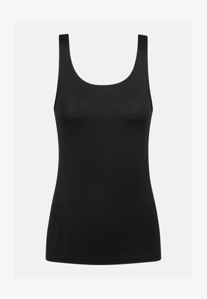 Schwarzes Tanktop aus glattem Stoff, mit rundem Ausschnitt und breiten Schulterträgern. Figurbetonte Silhouette mit geradem Saum.