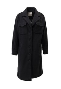 Abrigo de lana negra con un cuello estructurado, cierre de botones y dos bolsillos delanteros. Presenta una tela texturizada y un corte ligeramente oversize.