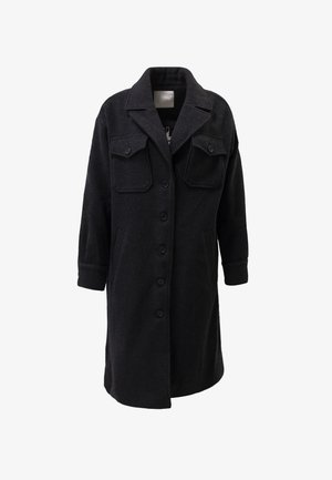 Manteau en laine noir avec un col structuré, fermeture à boutons et deux poches avant. Présente un tissu texturé et une coupe légèrement oversize.