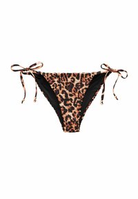 Slip bikini leopard con pannelli laterali neri, lacci regolabili e dettagli in tono oro; tessuto testurizzato con bordi arricciati.