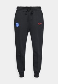 Sorte joggebukser laget av myk stoff, med strikk i livet, sidelommer, en blå Paris-logo og en rød Nike-swoosh.