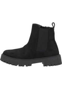 Botas Chelsea de ante negro con paneles laterales elásticos, lengüeta y suela de goma con un dibujo texturizado para mayor tracción.