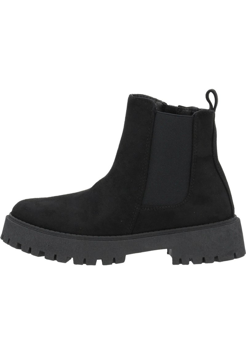 Botas Chelsea de ante negro con paneles laterales elásticos, lengüeta y suela de goma con un dibujo texturizado para mayor tracción.