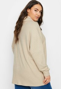 Beige ribbad oversized polotröja med långa ärmar och hög-låg nederkant, visad bakifrån, med mjuk textur och avslappnad passform.