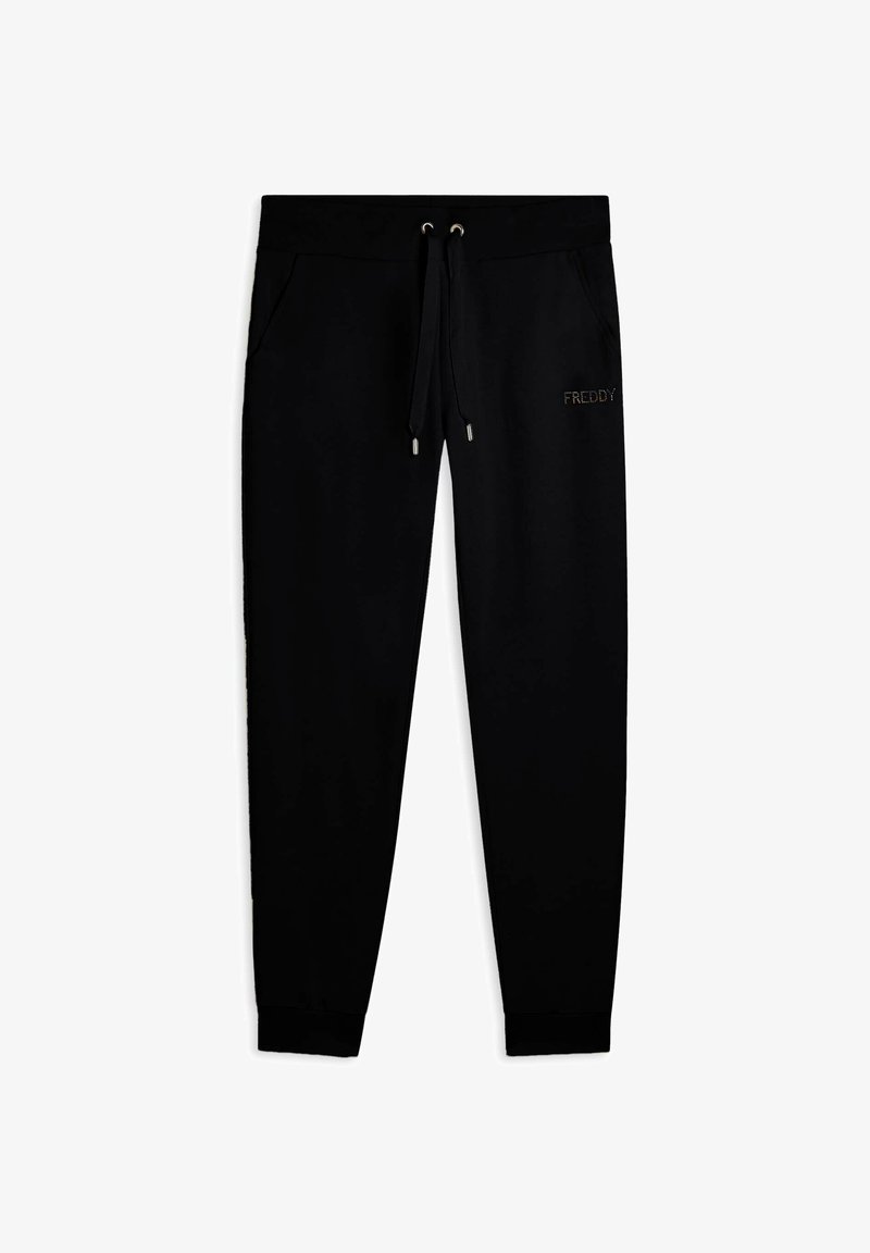 Pantaloni sportivi neri realizzati in morbido tessuto, dotati di cintura elastica con cordino, tasche laterali e un piccolo logo 'FREDDY' in oro.