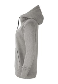 Sweat à capuche gris clair à manches longues, avec une poche avant et des cordons noirs, vu de côté.