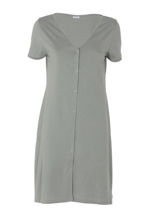 Abito corto grigio chiaro con maniche corte, bottoni frontali, scollo a V e bordo smerlato su maniche e abbottonatura.