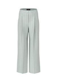 Hellblaue, weit geschnittene Hosen mit einem vertikalen weißen Streifenmuster, aus einem glatten Stoff gefertigt. Mit Falten an der Vorderseite und einem schmalen Taillenbund.