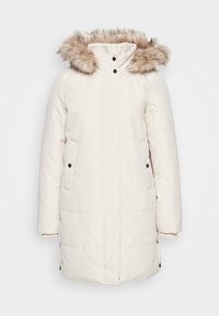 Giacca puffer color avorio con cappuccio in pelliccia sintetica. Presenta una chiusura con zip, due tasche laterali e bottoni neri per un tocco di dettaglio.