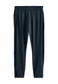 Pantalones deportivos azul oscuro con cintura elástica, bolsillos laterales con cremallera y detalles negros en los costados, fabricados en un tejido liso y elástico.