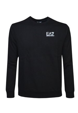 Felpa nera in cotone, con maniche lunghe, colletto rotondo e logo EA7 bianco sulla parte superiore sinistra del petto. Texture liscia.