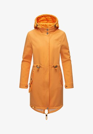 Oranje waterdichte jas met een ritssluiting aan de voorkant, verstelbare capuchon, zijzakken en taillekoord. Glad textuur en aansluitende pasvorm.