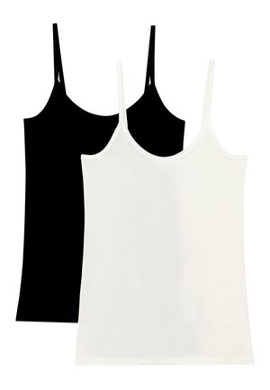 Deux hauts camisoles : un noir et un blanc. Fabriqués en coton doux avec des bretelles fines et une silhouette ajustée. Textures lisses, sans motifs.