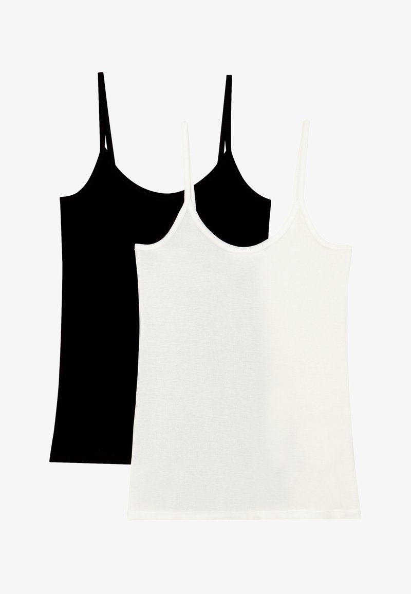 Due top in sottoveste: uno nero e uno bianco. Realizzati in morbido cotone con spalline sottili e una silhouette aderente. Texture lisce, senza motivi.
