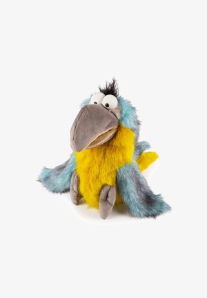 Plush bird toy with vibrant blue and yellow fur, gray beak, large eyes, and a tuft of black feathers on top. Soft, textured body with details.