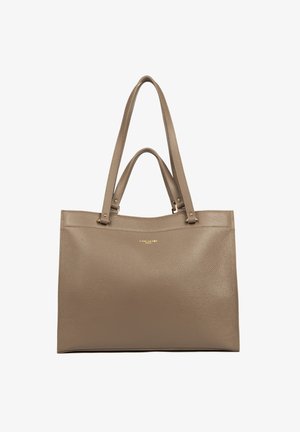 Taupe leren tote bag met dubbele lange en korte handvatten, subtiele korrelstructuur en klein goudkleurig merklogo op het midden van de voorkant.
