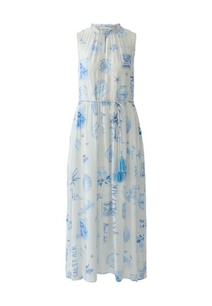 Mouwloze witte maxi-jurk met lichtblauwe prints met een zee-thema, een geplooide halslijn en een taille met trekkoord en kwastjes.