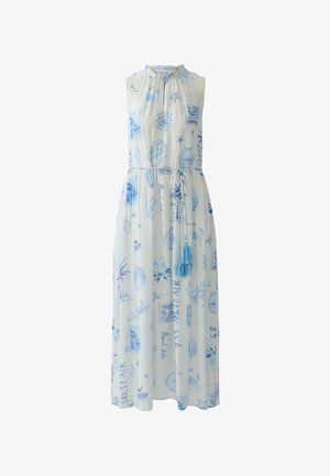 Mouwloze witte maxi-jurk met lichtblauwe prints met een zee-thema, een geplooide halslijn en een taille met trekkoord en kwastjes.